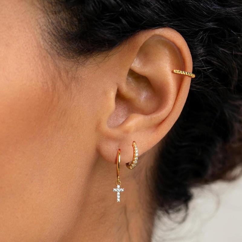 Cross Earrings for Women, 14k Gold Plated Small Huggie Hoop