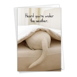 NobleWorks - 1 Get Well Card with Envelope - Cute White Puppy Dog Under the Sheets and Weather - Tattle Tails Bed C9279EGWG