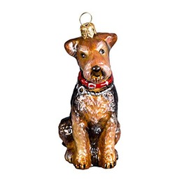 Joy to the World Welsh Terrier Sitting Dog Polish Blown Glass Christmas Ornament