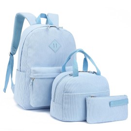 Xunteny Corduroy School Backpack Girls Kids Teens School Bookbags Schoolbag Set with Lunch Box Pencil Bag (Blue)
