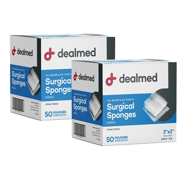 Dealmed Sterile Gauze Sponges - 2" x 2" Woven Gauze Pads, 2 Sponges Per Pouch, 50 Pouches Per Box, 8-Ply, Absorbent Gauze Sponges, Wound Care Product for First Aid Kit and Medical Facilities