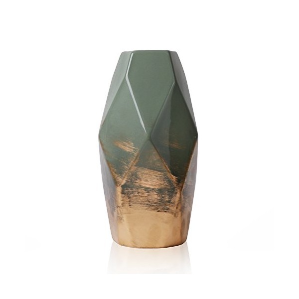 TERESA'S COLLECTIONS Vase for Flowers, Modern Green Gold Ceramic Vase for Gifts, Pottery Geometric Vases for Living Room, Home Decor, Mantlepiece, Coffee Table, Shelf, Bedroom, 20cm Tall