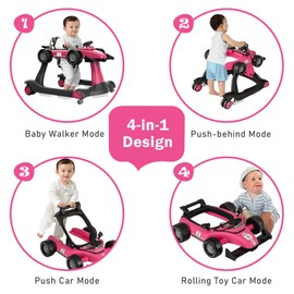 BABY JOY 4-in-1 Baby Walker, Foldable Activity Walker with Adjustable Height & Speed, Music, Lights, Steering Wheel, Comfy Seat Cushion, Activity Baby Push Walker for Boys Girls Aged 6 –18 (Pink)