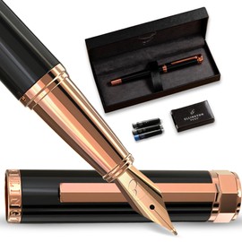 Ellington Pens Luxury Fountain Pen Set - Smooth Medium Nib- Includes 3 Ink Cartridges, Refillable Ink Converter, Gift Box- Fountain Pens For Writing, Calligraphy, Journaling, Sketching (Midnight Rose)