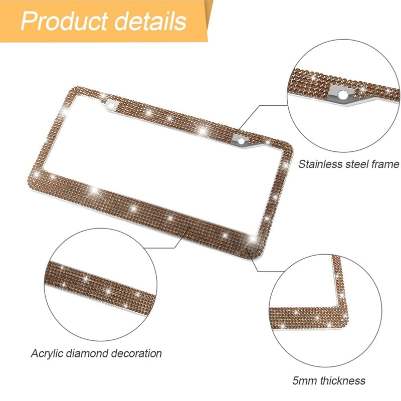 Bling 2PCS Car License Plate Frame, Handcrafted Crystal Stainless Steel