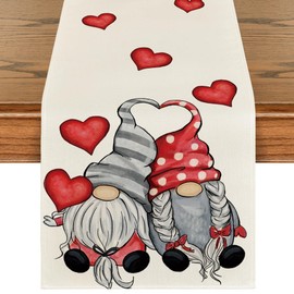 Artoid Mode Gnome Red Heart Valentine's Table Runner, Seasonal Anniversary Wedding Kitchen Dining Table Decoration for Home Party Decor 13x72 Inch