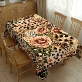 LORCARVIS Leopard Floral Tablecloths Leopard Rose Polyester Rectangle Table Cloth Washable Seasonal Tabletop for Kitchen Dinning Party Outdoor Picnic 54 x 72 Inch Tablecloths