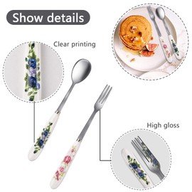 12 Pieces Forks and Spoons with Ceramics Handle, Stainless Steel Utensils Dessert Spoons and Forks Set for 6, Cutlery Set with Flower Pattern, Flatware Sets for Home Restaurant and Kitchen