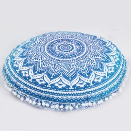 22" Round Mandala Floor Pillow Cover Cushion Sofa Seating Throw Hippie Round Colourful Decorative Bohemian Boho Chic dog bed Indian Pouf Ottoman Handmade (Ombre- Blue)