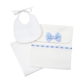 Filet - Carry Set Consisting of a Bag with Aida Insert, Face Cloth and Bib for Embroidery, Gift Idea for Expecting Parents, 100% Cotton, Made in Italy, White and Light Blue, White and light blue
