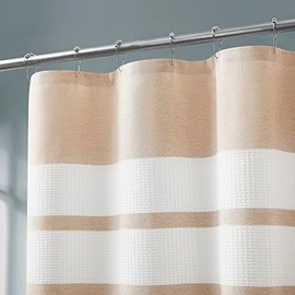 Warm Home Designs White Waffle Shower Curtain with Tan Fabric Stripes. Each Waffle Weave Shower Curtain Measures 70 x 72 Inches. Striped White & Linen Brown Shower Curtains for Bathroom. W Linen 72"