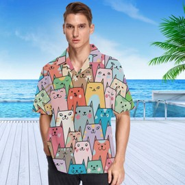 visesunny Colorful Cat Cartoon Animal Hawaiian Shirt Casual Men Button Down Casual Shortsleeve Unisex Beach Aloha Shirts