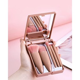 Golbylicc Travel Size Makeup Brushes Set Mini Makeup Brushes, Small Complete Function Cosmetic Brushes Kit with Case and Mirror Perfect for On The Go, 5PC (Mini Pink)