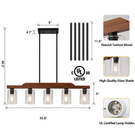 Dining Room Chandelier,5-Light Farmhouse Rustic Kitchen Island Light Fixtures,Linear Wood Chandeliers for Dining Table,Kitchen Hanging Light with Glass Shade UL Listed