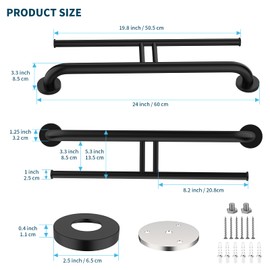 24 Inch Grab Bar w/Double Toilet Paper Roll Holder Black, iHansee Stainless Steel Shower Support Balanced Support Handle, Wall Mounted Safety Handrail Grab Rail for Elderly Senior Handicap Disabled