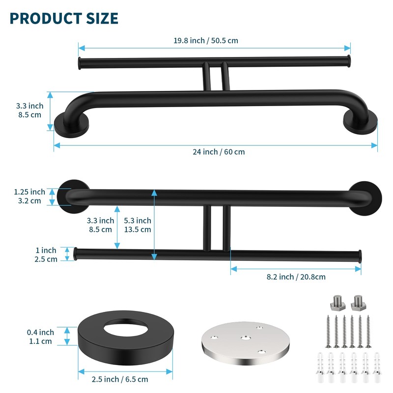 24 Inch Grab Bar w/Double Toilet Paper Roll Holder Black,