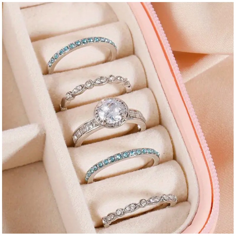 Boho 5 pc Turquoise CZ Stacking Rings 925S Sparkling Resin