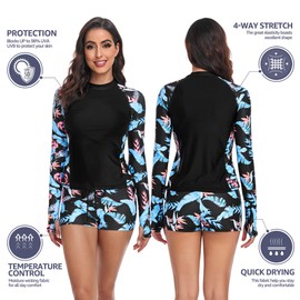 YESURPRISE Women's Long Sleeve Rash Guard Two Piece Top & Shorts Bathing Suits Swimsuits with Built in Bra UPF 50+