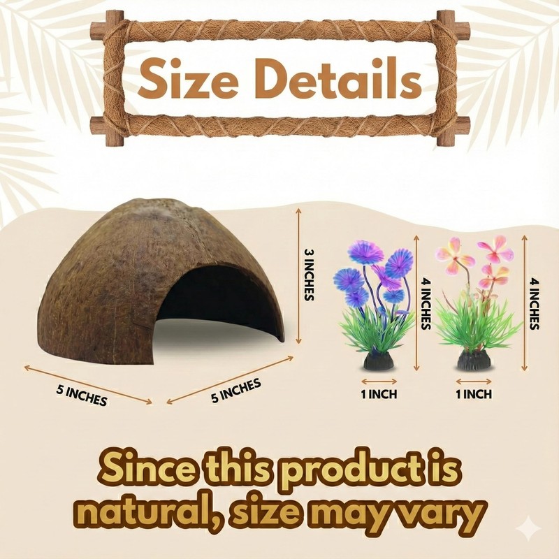 Favozio Natural Coconut Shell Hideout Cave, 5" Aquarium Fish &