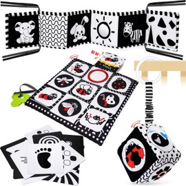 Baby Toys 0-6 Months, Notique 4 Pcs Newborn Black and White Baby Toys, Montessori Tummy Time Toys 0 3 6 9 Months, Sensory Soft Book for Babies, Educational Cards Baby Essentials Infant Toys Baby Gifts