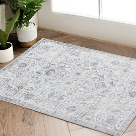 TOPICK Doormat 60x90cm Entryway Area Rug Boho Vintage Foldable Thin Rug Chenille Grey Floral Print Traditional Oriental Coloured Carpet Anti Slip Low Pile Easy Care Rug Kitchen Bathroom Dining Room