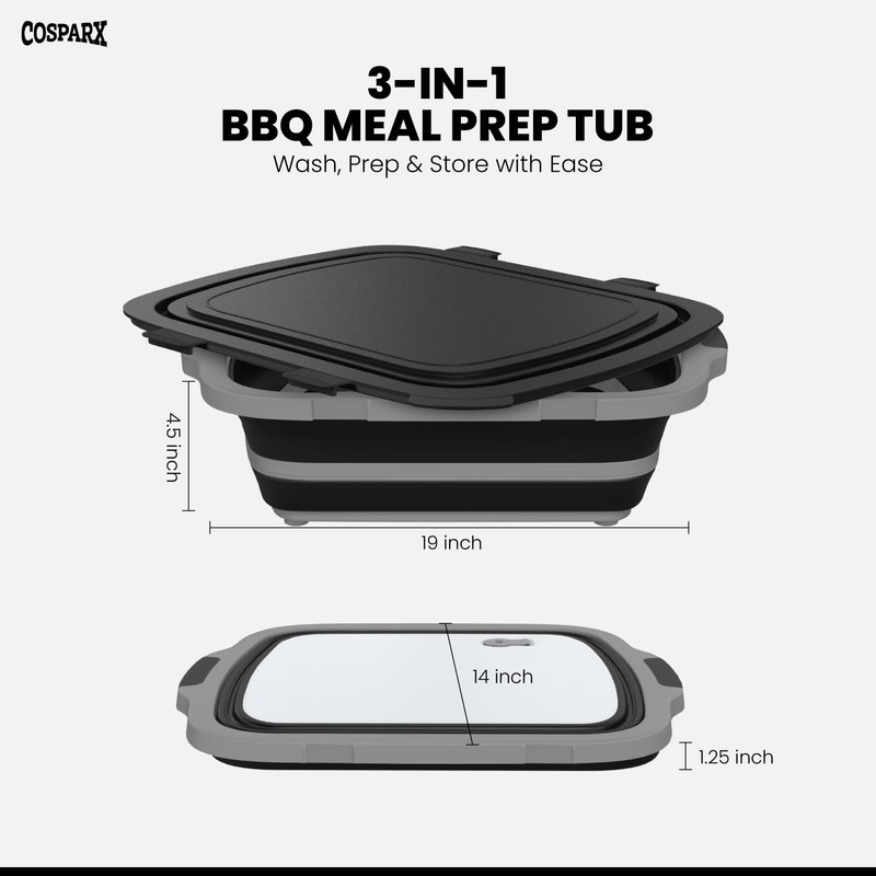 XL Collapsible BBQ Prep Tub with Cutting Board & Drain
