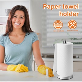 Stainless Steel Silver Paper Towel Holder Designed for Easy One-Handed Operation - This Sturdy Weighted Paper Towel Dispenser Countertop Model Has Suction Cups and Holds All Paper Towel Rolls