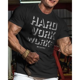 Hard Work Works Gym Workout Shirts for Men Funny Sayings Cool Lifting T-Shirt (LG, Hard Work Silver on Black)