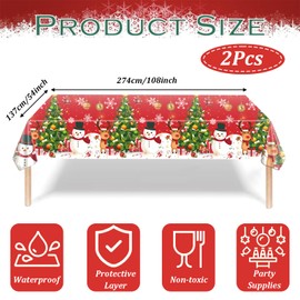 2 Pcs Christmas Plastic Tablecloth 54” x 108” Snowman Christmas Tree Snowflake Red Tablecloth Christmas Rectangle Waterproof Table Cover for Winter Holiday Family Dinner Christmas Party Decorations