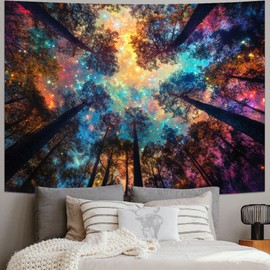 Amhokhui Colorful Forest Tapestry Nature Landscape Tapestry Mysterious Sky Tapestries Psychedelic Aesthetic Starry Night Tapestries Trippy Galaxy Space Wall Hanging Decor for Home