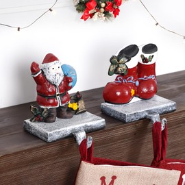 TECANA 3D Christmas Stocking Holders for Mantle Set of 2 - Cast Iron Stocking Hangers for Mantel | Santa Claus Stocking Hooks | Christmas Boots-Shaped Heavy Duty Fireplace Stocking Holders