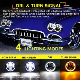 UMGASOM 4PCS 5.75 inch LED Headlight Set 5 3/4'' Round Sealed Beam Headlamps Reflector with DRL and Amber Turn Signal Compatible with Peterbilt 359 Impala 59-76