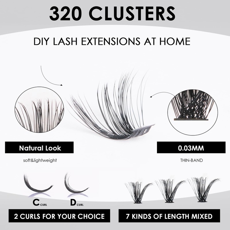 DIY Lash Extensions Kit 320pcs Individual Lashes Clusters 60D 80D