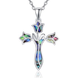 Dreamboat Cross Necklace for Women Sterling Silver Cross Pendant Tulip Rose Abalone Shell Christian Necklace Faith Confirmation Baptism Gifts Religious Jewelry for Mom