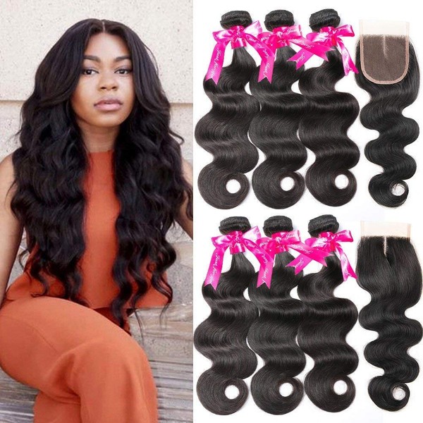Beauty Princess Body Wave Human Hair 3 Bundles with Closure Double Weft 8A Brazilian Hair Bundles With Closure (24 26 28+20Inch)