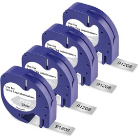 BOYEEZON 4-Pack Compatible with Dymo Letratag Plastic Silver 12 mm x 4 m 91228 Label Tape for Plastic Label Tape for Dymo LetraTag LT-200B, Black on Silver