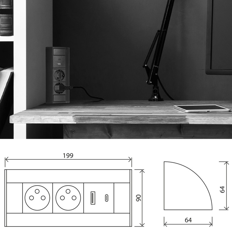Aluminium Power Strip 2-Way I USB-A USB-C I Black Edition
