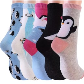 Penguin Pattern Crew Socks, 5 Pairs, Penguin Gift, Adult Size UK 4-8