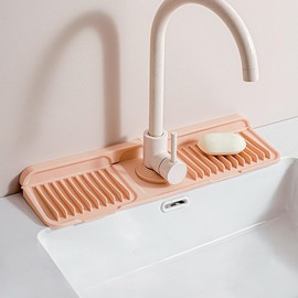 Longer Silicone Faucet Mat for Kitchen Sink – Button Style Faucet Drip Catcher & Leak-Proof Sink Splash Guard with 6° Slope, Behind Faucet Draining Mat,Gadgets for Bathroom (pink, small)