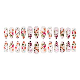 Rabbit Press on Nails Flower Fake Nails White Glue on Nails Glossy Stick on Nails Medium Almond False Nails Artificial Acrylic Eater Nail for Women Girls Manicure 24Pcs