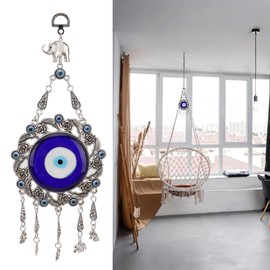 Turkish Glass Blue Evil Eye Wall Hanging Ornament, Hollow Flowers Wall Hanging Amulet, Delicate Blue Glass Metal Home Decor, Evil Eye Decor for Good Luck in The Office, Living Room, Bedroom(2#)