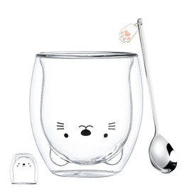 Prismoria Double Walled Glass Coffee Cups Mugs with Spoon, 250ml Insulated Latte Glasses Mugs, Cappuccino Latte Macchiato Glasses Cups, Heat Resistant (Cat with Spoon)