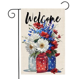 JTYKUYR 4th of July Floral Garden Flag 12x18 Mason Jar Patriotic Double Sided Burlap Yard Flag for Memorial Day Independence Day Holiday Festivities Outside Yard Decor