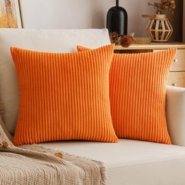 EMEMA Fall Orange Throw Pillow Covers Corduroy Decorative Soft Striped Square Cushion Covers Spring Pillowcases for Couch Sofa Bedroom Chair Car 20x20 Inch Set of 2