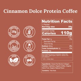 The Roasted Purpose Cinnamon Dolce Latte Instant Organic Coffee with 18g of Grass-fed Collagen Protein, Dairy-Free, Sugar-Free, 10 Pack