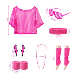 CYNOSURETECH 1 Complete Mesh Party Suit, Off Shoulder Mesh Shirt, 80's, 90's Clothes for Women, Party Clothes for Women, Period Accessories, Retro Carnival Outfits (Rose Red)