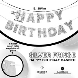 Pre-Strung Silver Happy Birthday Banner– 9ft No DIY Glitter Foil Party Garland for Men, Women, Kids – Wall, Photo Backdrop, Dessert Table Decorations