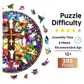 Jigfoxy Wooden Puzzles for Adults, Stained Glass Cross Wood Puzzle for Adults, Unique Animal-Shaped Wooden Jigsaw Puzzle, Christmas Thanksgiving Gifts for Family and Friends (L-13.4 * 13.4in-300pcs)