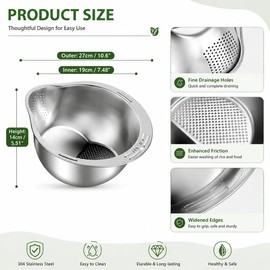Rice Washing Bowl,304 Stainless Steel Rice Washer with Built-in Strainer,Multi-Purpose Kitchen Colander for Quinoa, Vegetables & Pasta – Durable, Rust-Resistant, Easy to Clean