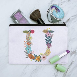 Letter U Floral Monogram Initial Makeup Cosmetic Bag Organizer Pouch
